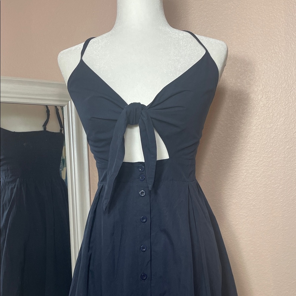 Backless Navy Tie-Front Sundress with Button Skirt
